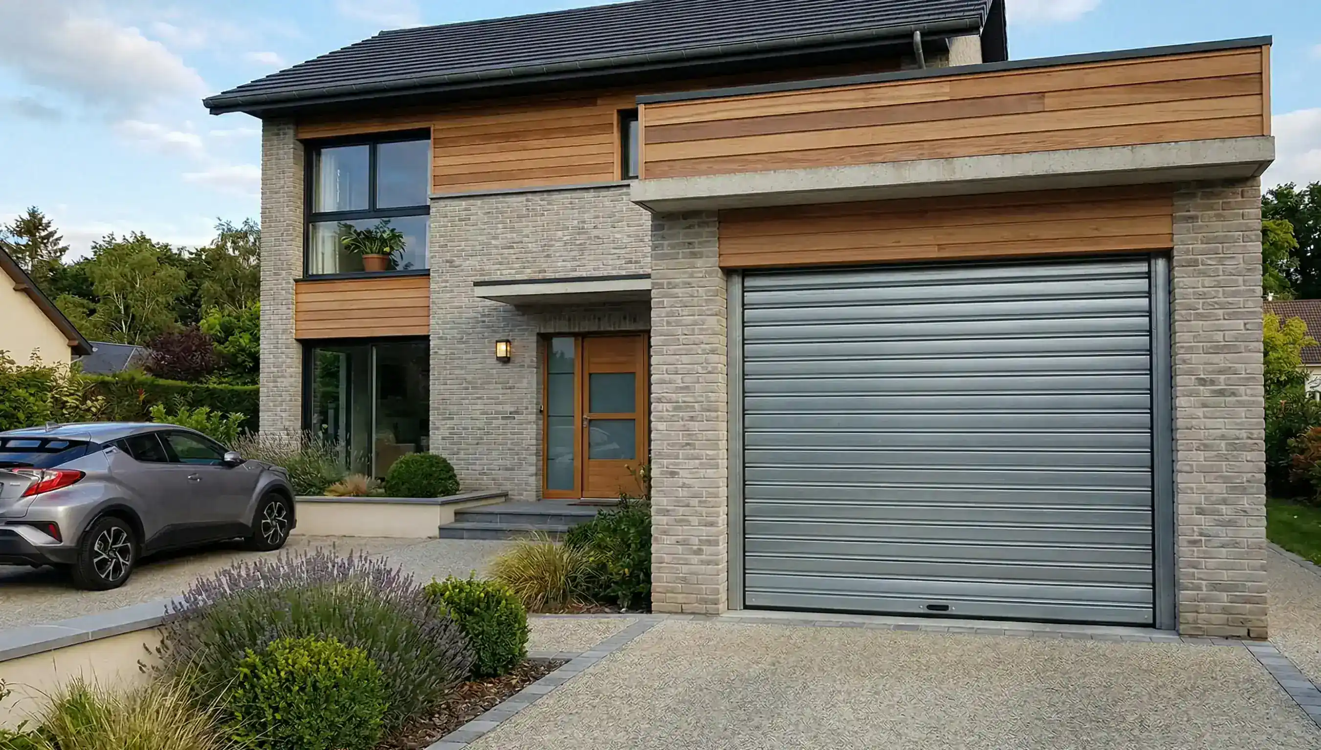 Porte de garage enroulable grise sur une maison à Montpellier